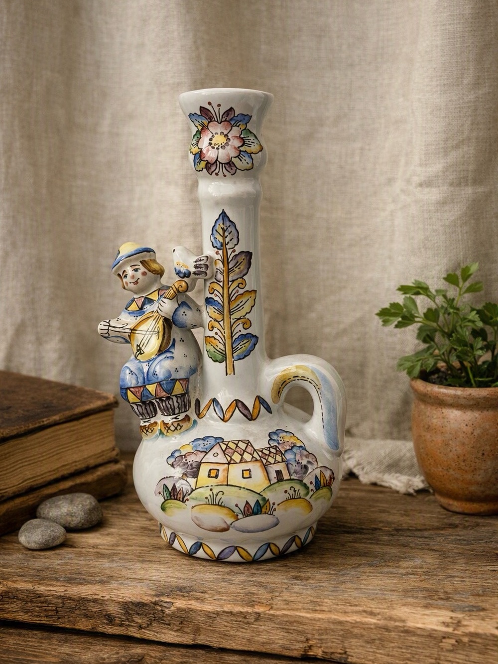 Hand-Painted Ceramic White Floral & Village Accent Candlestick holder Vase